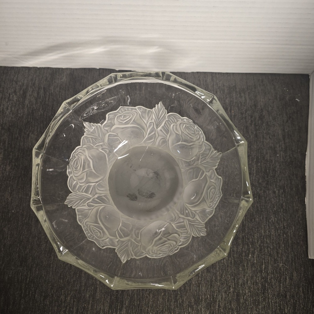 Vintage Imperlux Crystal Frosted Roses 8" Footed Fruit Bowl West Germany